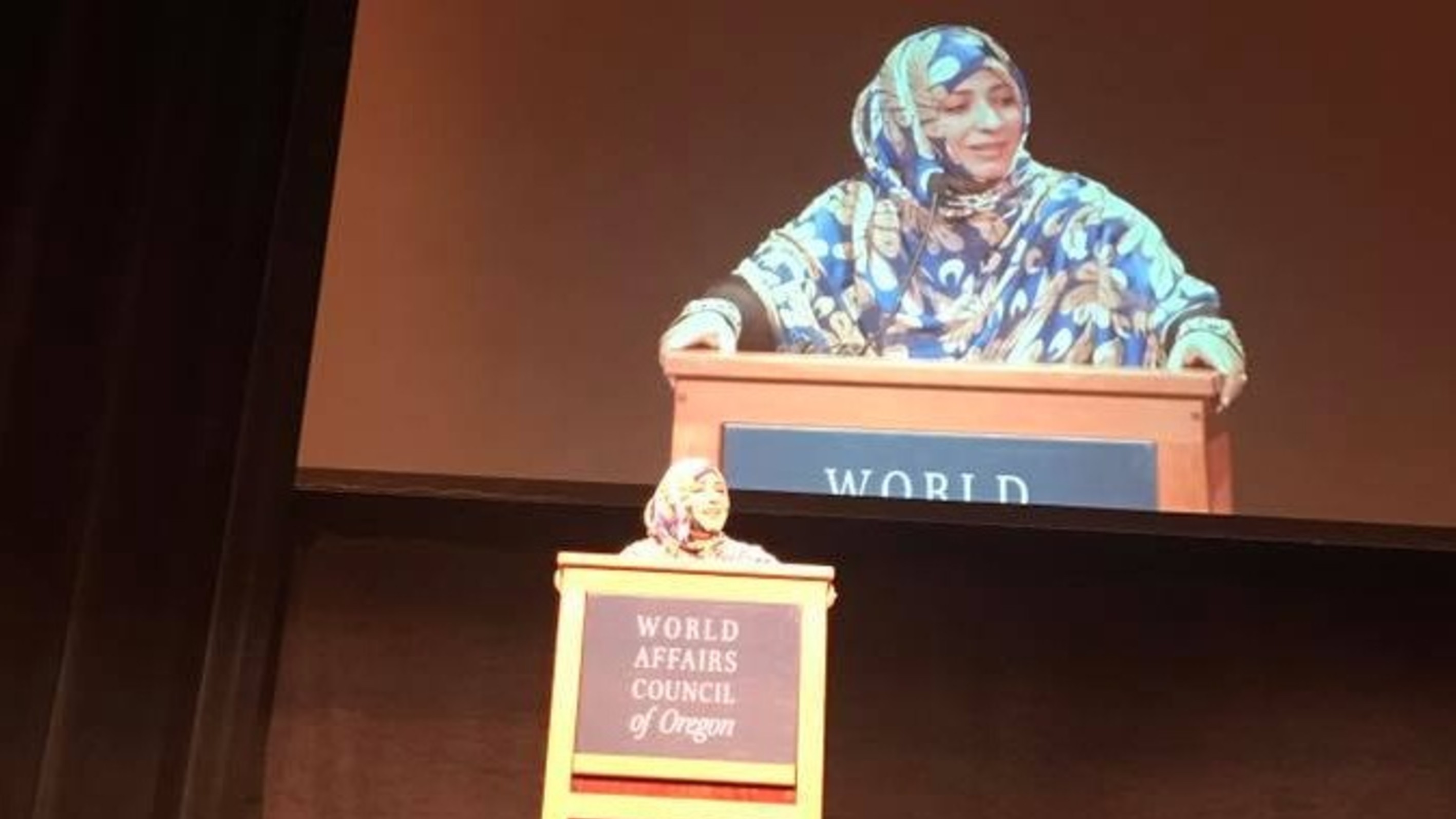 At Oregon’s conference on democracy and human rights in the Arab region, Tawakkol Karman calls for protection of Syrian people